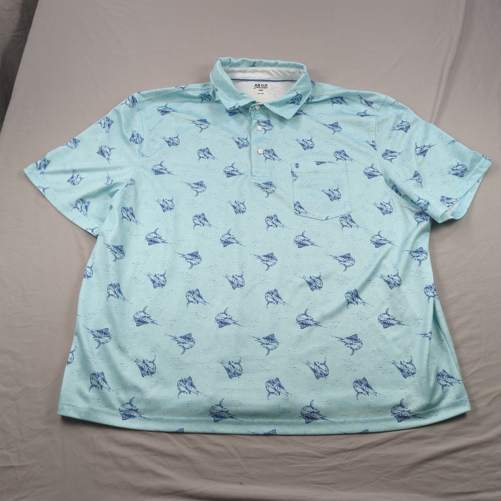 Izod Saltwater Shirt Mens 3XB Teal Geometric Marlin Fishing Casual Polo‎ Casual